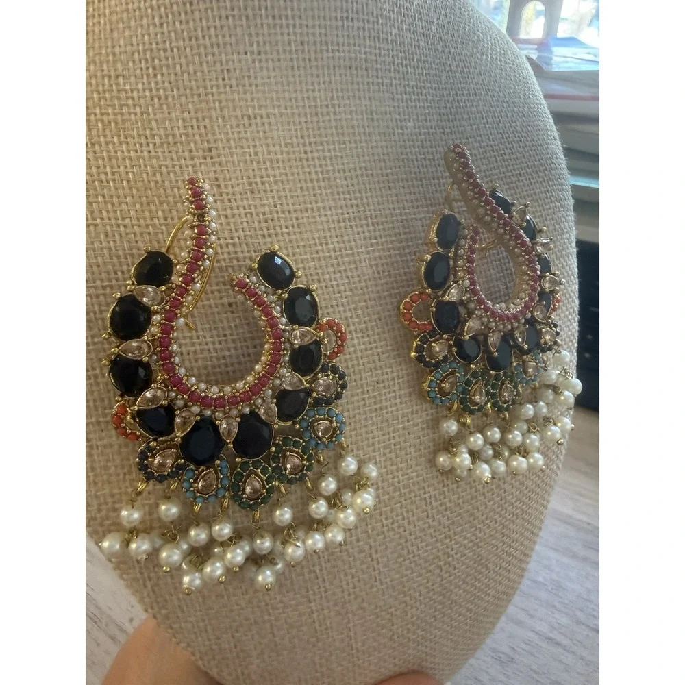 Black And Multicolor Turkish Statement Earrings Gold‎ Tone Pierced Double Lock